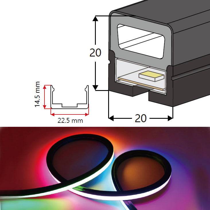 16.4ft/roll 20*20mm 180° Top Emitting Waterproof IP67 Silicone Flexible Black LED Neon Tube For 10mm LED Light Strips 16.4ft/roll 20*20mm 180° Top Emitting Waterproof IP67 Silicone Flexible Black LED Neon Tube For 10mm LED Light Strips